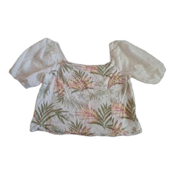 June & Hudson Women's Size L White Tropical Linen Blend Eyelet Off Shoulder Top - Picture 2 of 12